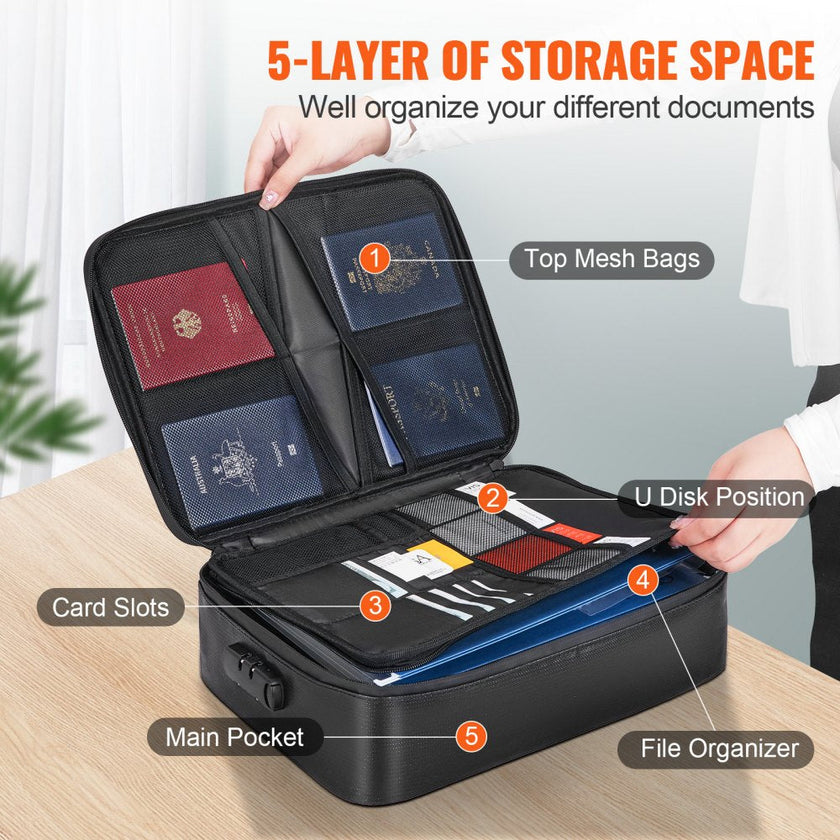 VEVOR Fireproof Document Box, Fireproof Document Bag with Lock 2000?, 3-layer Fireproof and Waterproof File Box 14.17x10.63x4.13 inch with Zipper, for Money, Documents, Jewelry and Passport