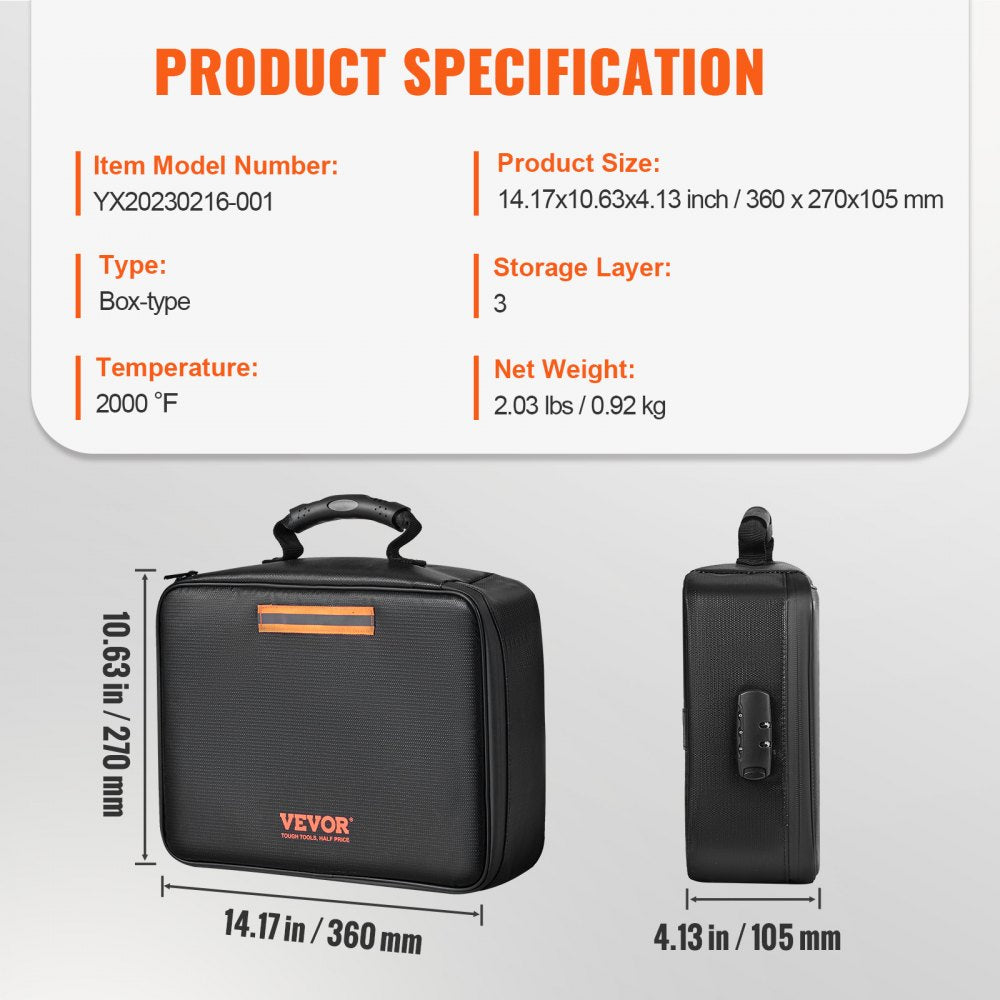 VEVOR Fireproof Document Box, Fireproof Document Bag with Lock 2000?, 3-layer Fireproof and Waterproof File Box 14.17x10.63x4.13 inch with Zipper, for Money, Documents, Jewelry and Passport