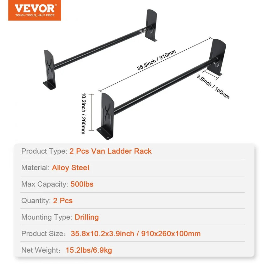 VEVOR Van Roof Ladder Rack, 2 Bars Alloy Steel Roof Racks, 500 LBS Capacity Rain-Gutter Roof Rack, Adjustable Length 35.8