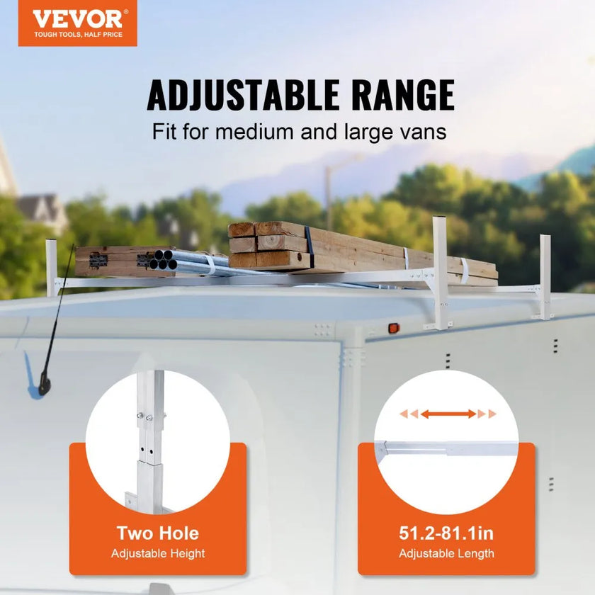 VEVOR Van Roof Ladder Rack, 2 Bars Aluminum Alloy Roof Ladder Racks, 400 LBS Capacity Rain-Gutter Van Roof Rack, Adjustable Length 51.2