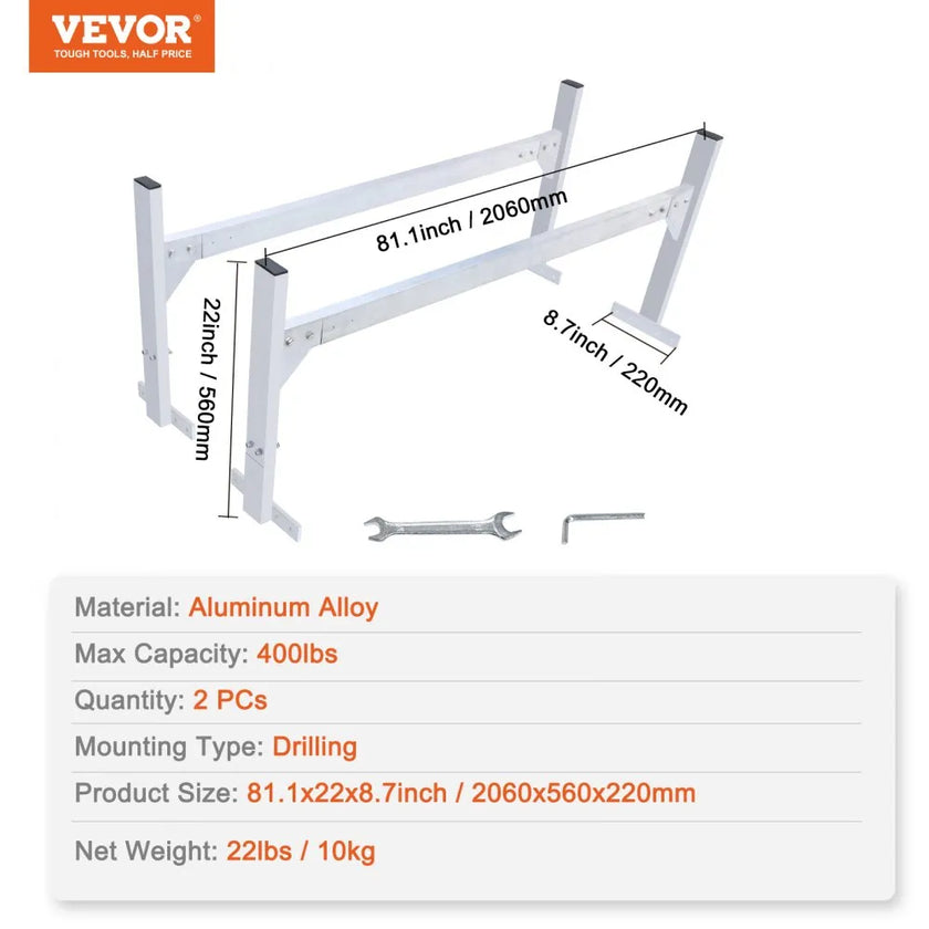 VEVOR Van Roof Ladder Rack, 2 Bars Aluminum Alloy Roof Ladder Racks, 400 LBS Capacity Rain-Gutter Van Roof Rack, Adjustable Length 51.2