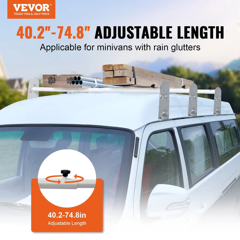 VEVOR Van Roof Ladder Rack, 3 Bars Alloy Steel Roof Racks, 750 LBS Capacity Rain-Gutter Roof Rack, Adjustable Length 40.2