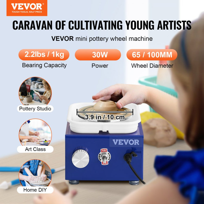 VEVOR Mini Pottery Wheel, 2 Turntables 2.6in / 3.9in Ceramic Wheel Forming Machine, Adjustable 0-300RPM Speed ABS Detachable Basin, Sculpting Tools Apron Accessory Kit for Work Art Craft DIY