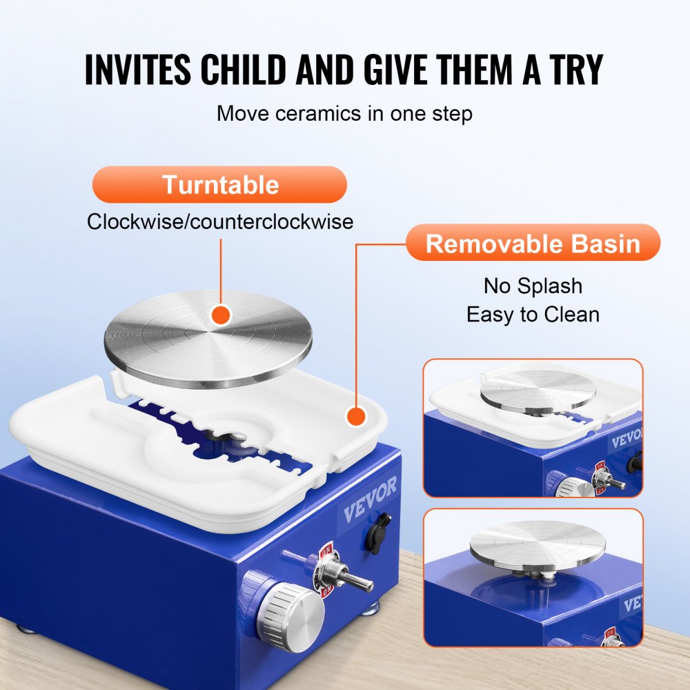 VEVOR Mini Pottery Wheel, 2 Turntables 2.6in / 3.9in Ceramic Wheel Forming Machine, Adjustable 0-300RPM Speed ABS Detachable Basin, Sculpting Tools Apron Accessory Kit for Work Art Craft DIY