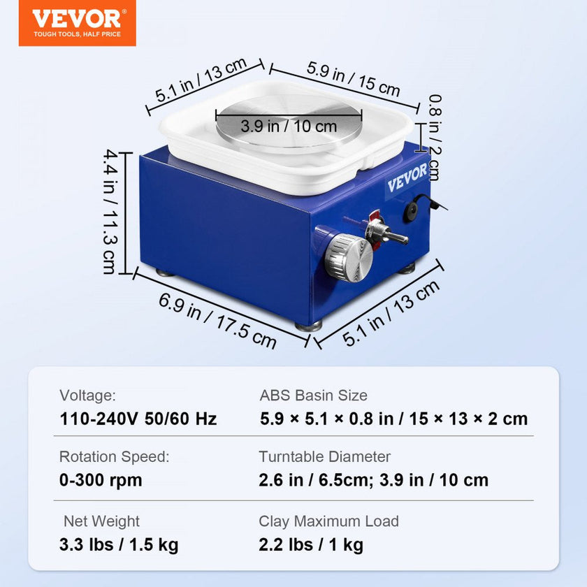 VEVOR Mini Pottery Wheel, 2 Turntables 2.6in / 3.9in Ceramic Wheel Forming Machine, Adjustable 0-300RPM Speed ABS Detachable Basin, Sculpting Tools Apron Accessory Kit for Work Art Craft DIY