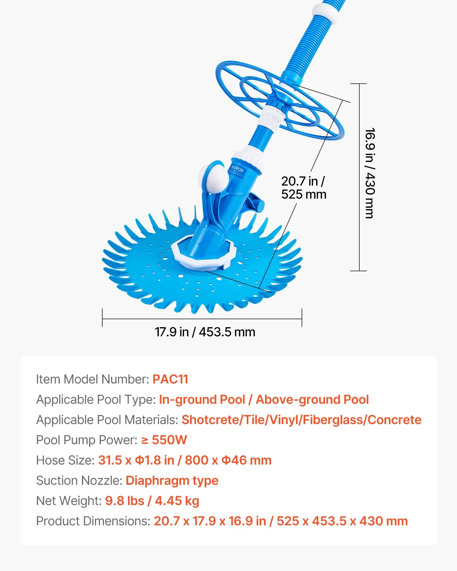VEVOR Suction Pool Cleaner Vacuum Cleaner 12 Hoses for In/Above-ground Pool