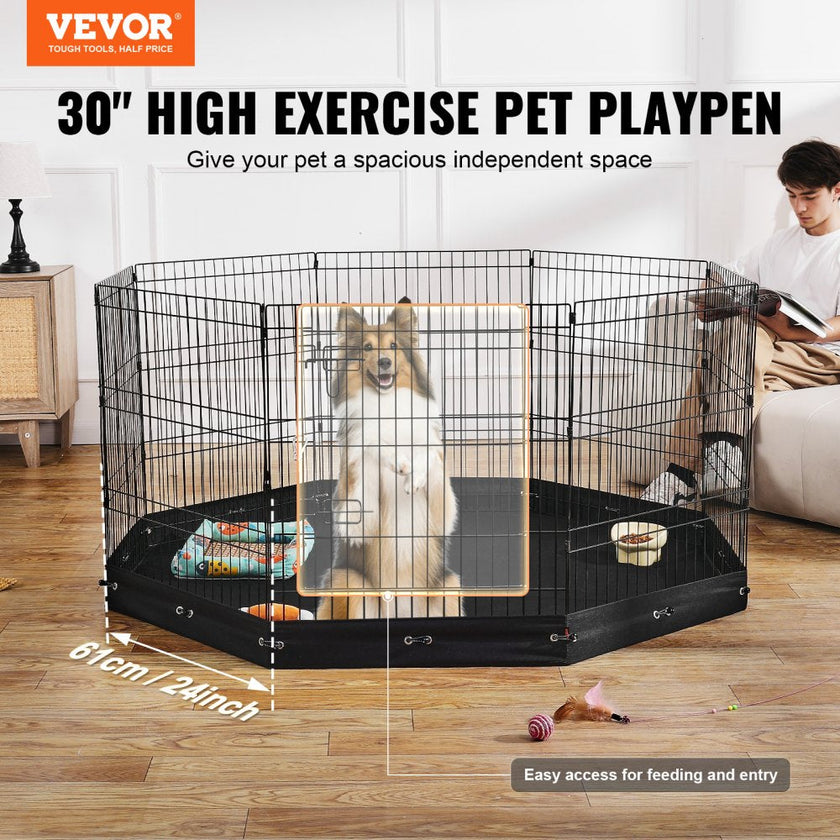 VEVOR Dog Playpen 8 Panels Foldable Metal Dog Exercise Pen with Bottom Pad 30
