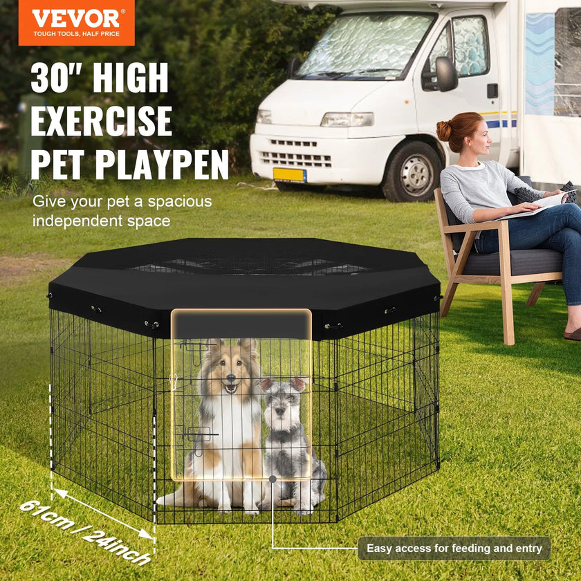 VEVOR Dog Playpen 8 Panels Foldable Metal Dog Exercise Pen with Top Cover 30