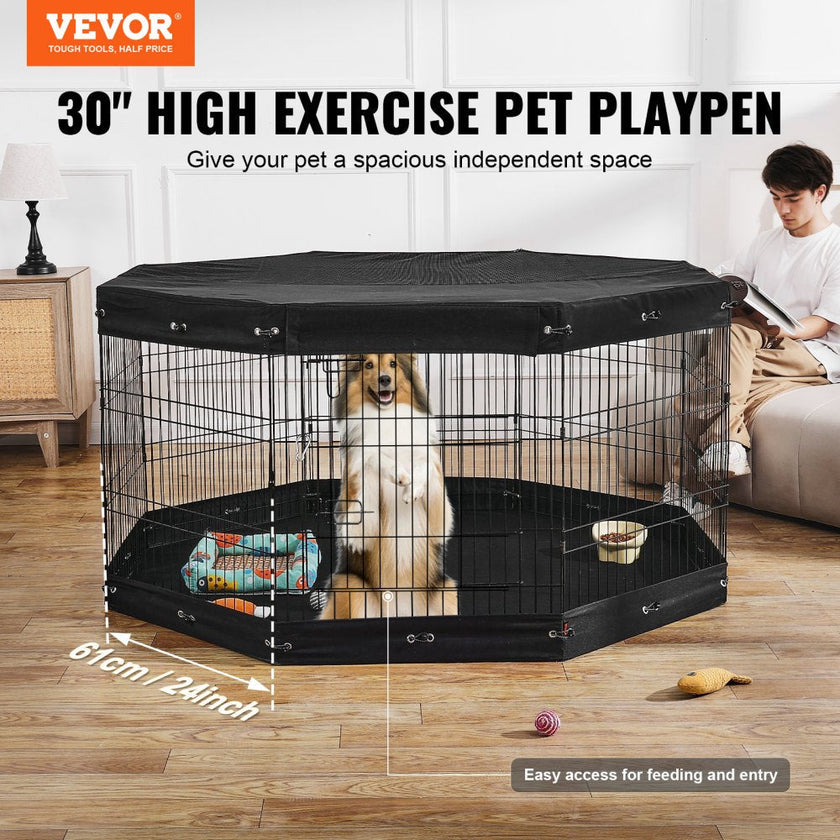 VEVOR Dog Playpen 8 Panels Foldable Metal Dog Exercise Pen with Pad Cover 30