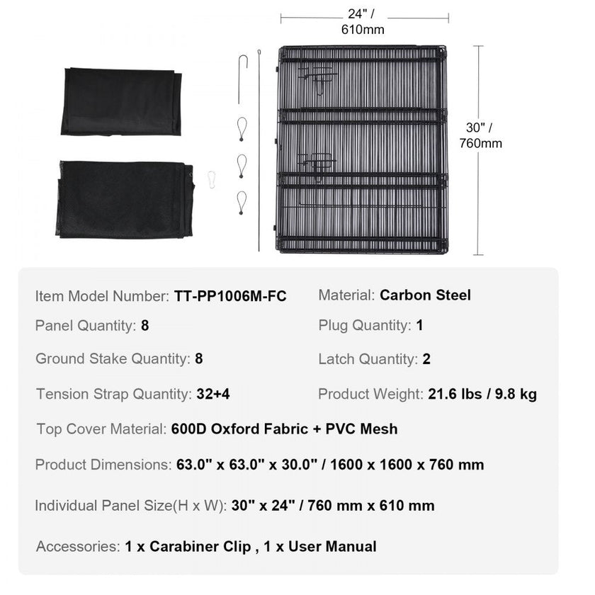 VEVOR Dog Playpen 8 Panels Foldable Metal Dog Exercise Pen with Pad Cover 30