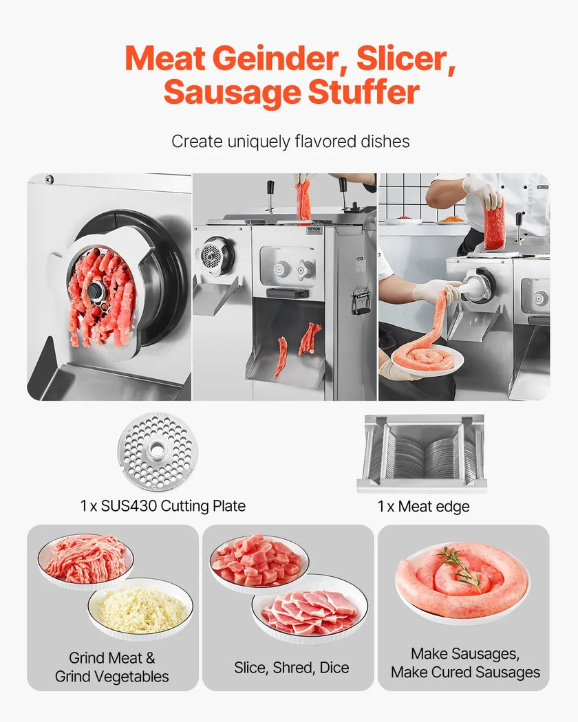 VEVOR Commercial Electric Meat Grinder Slicer 14 Lbs/Min Sausage Stuffer Maker