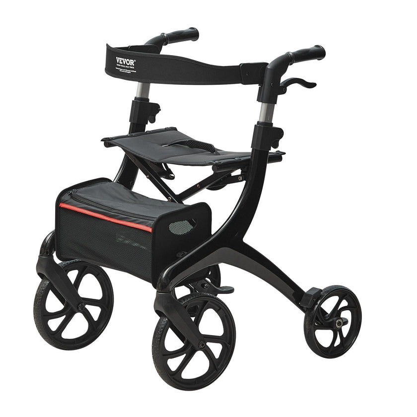 VEVOR Folding Rollator Walker for Seniors and Adults, Lightweight Aluminum Rolling Walker with Seat and Adjustable Handle, 4-Wheel Outdoor Mobility Walker with Spacious Storage Bag, 300LBS Capacity