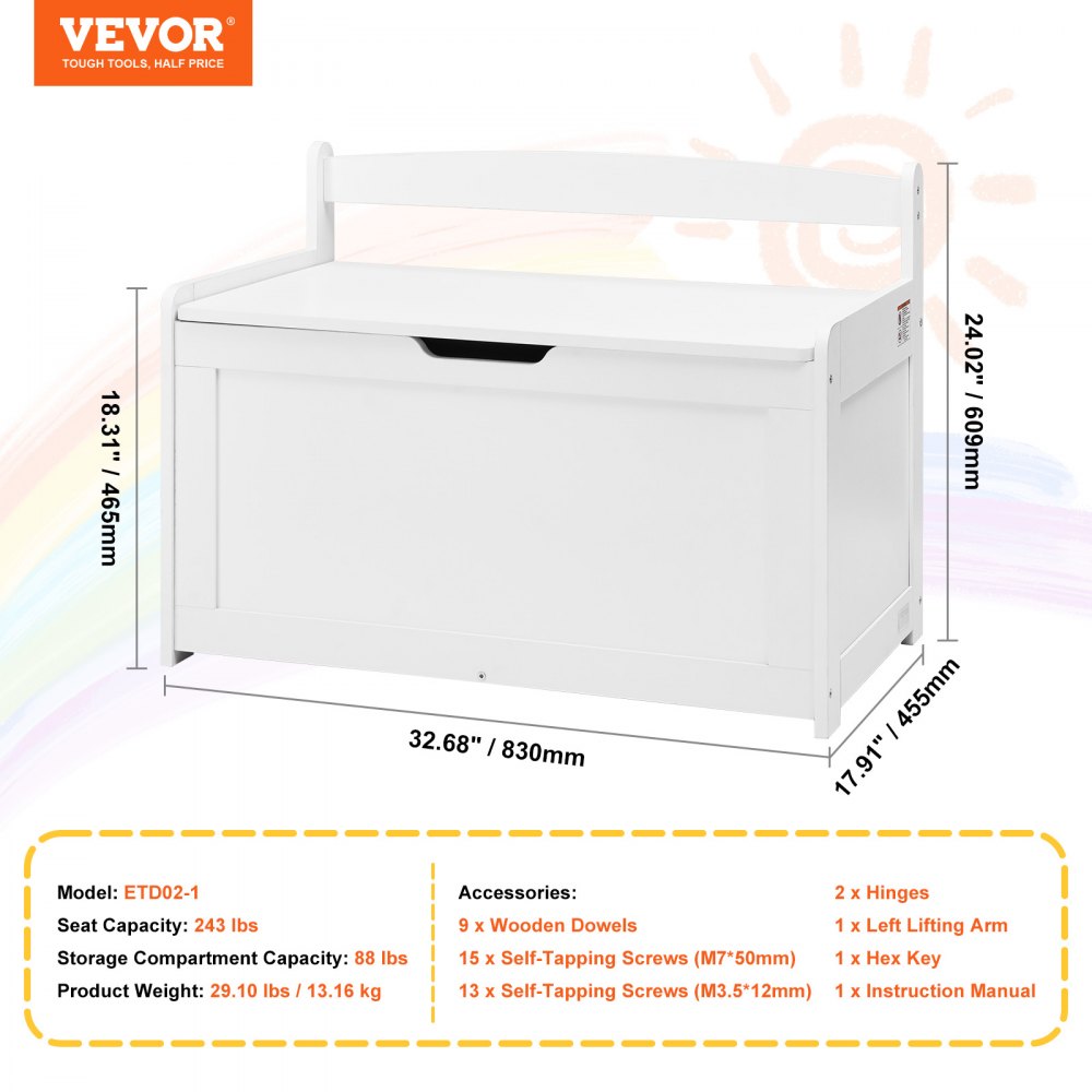 VEVOR Kids Toy Storage Bench Wooden Toy Box Chest 32.68 x 17.91 x 24.02