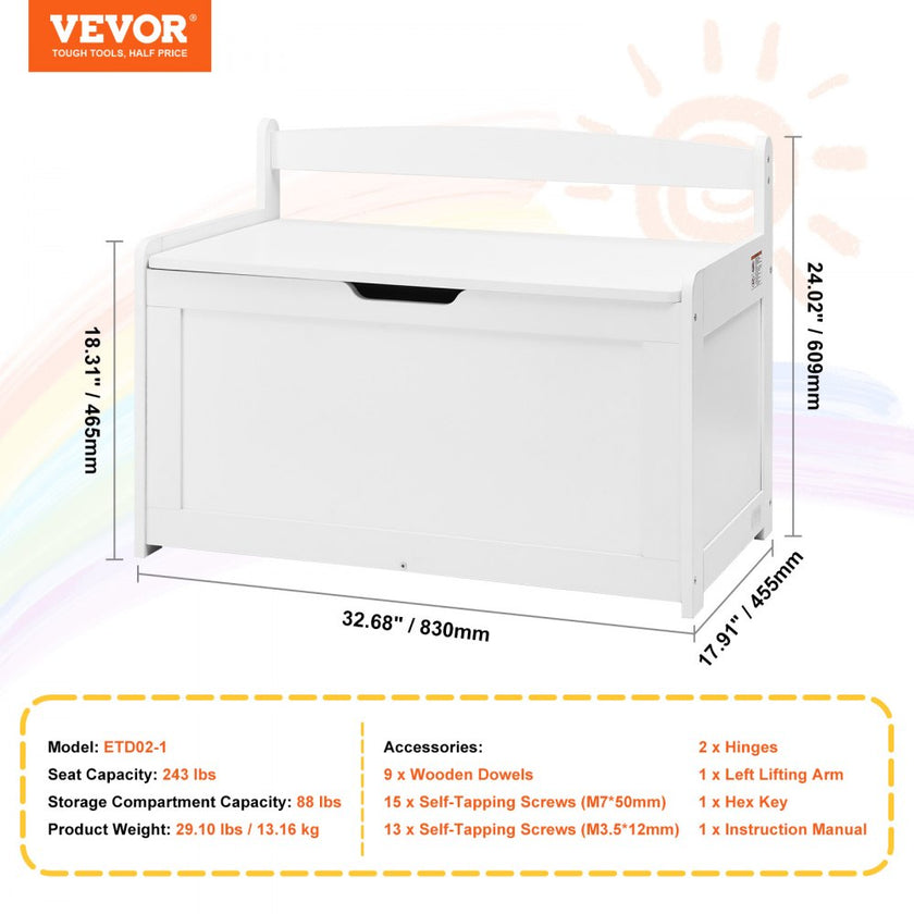 VEVOR Kids Toy Storage Bench Wooden Toy Box Chest 32.68 x 17.91 x 24.02