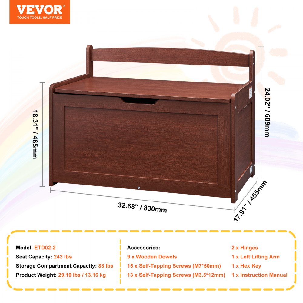 VEVOR Kids Toy Storage Bench Wooden Toy Box Chest 32.68 x 17.91 x 24.02