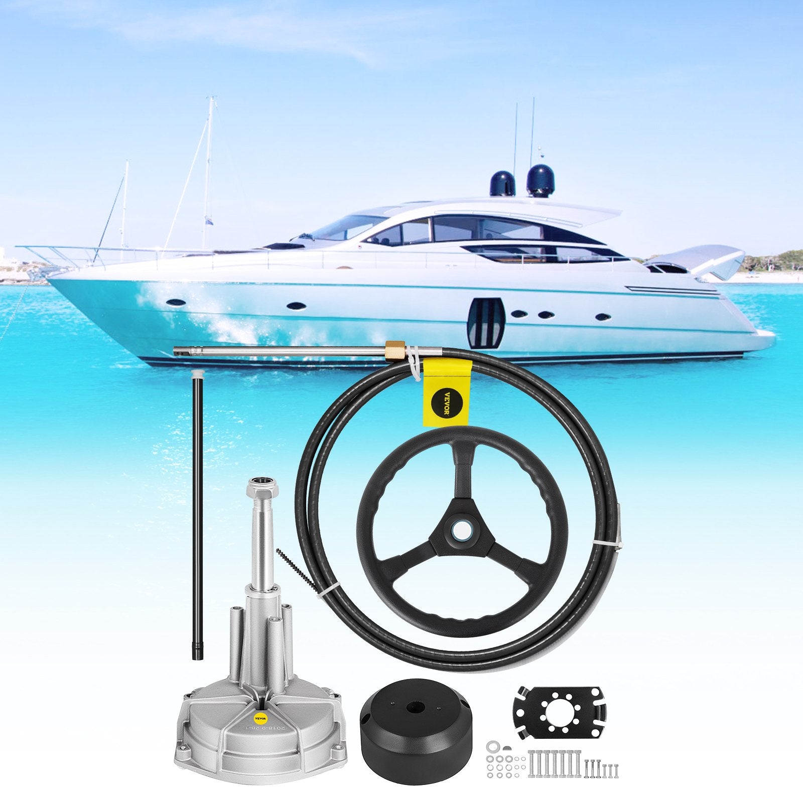 VEVOR Outboard Steering System 10' Steering Cable Marine Steering System 3/4'' Steering Shaft with 13.5 Inch Wheel Flat Interface Marine Steering Kit for Yachts and Waterborne Vehicles