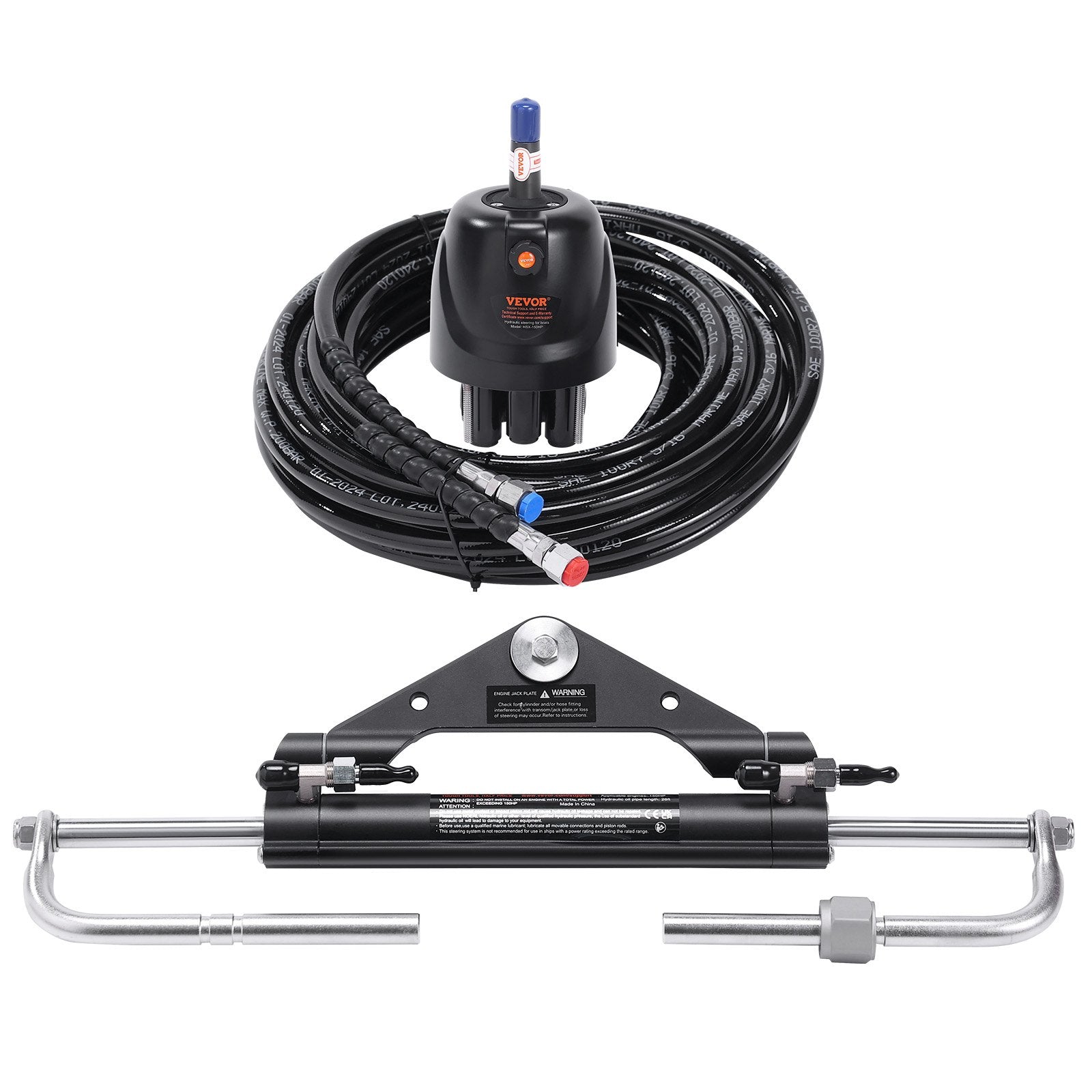 VEVOR Hydraulic Outboard Steering Kit, 150HP, Marine Boat Hydraulic Steering System, with Helm Pump Two-Way Lock Cylinder and 26 Feet Hydraulic Steering Hose, for Single Station Single-Engine Boats