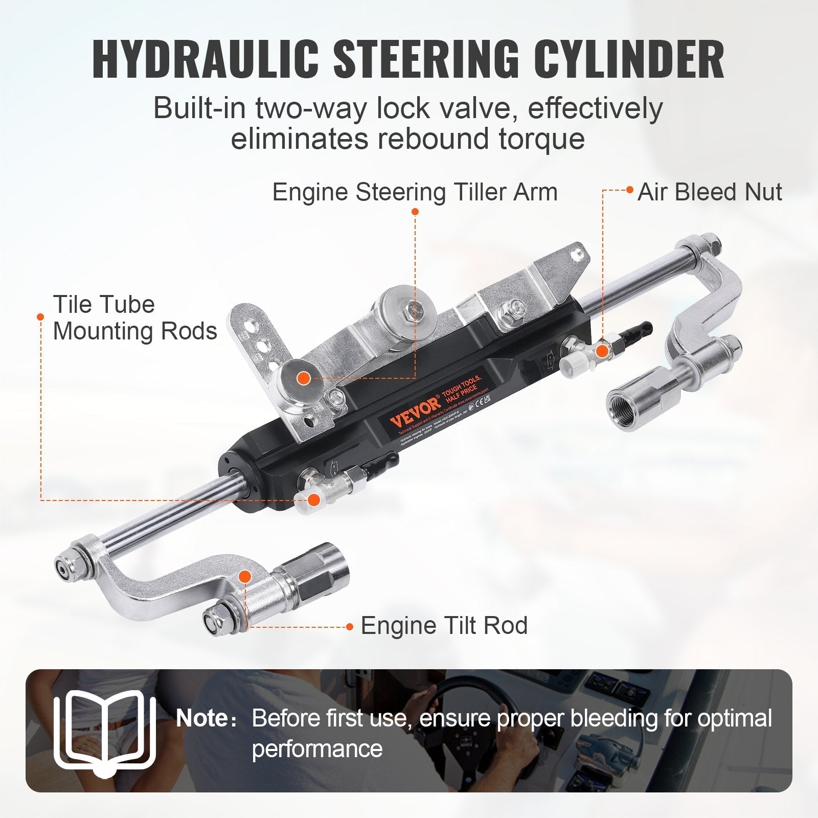 VEVOR Hydraulic Outboard Steering Kit, 300HP, Marine Boat Hydraulic Steering System, with Helm Pump Two-Way Lock Cylinder and 26 Feet Hydraulic Steering Hose, for Single Station Single-Engine Boats
