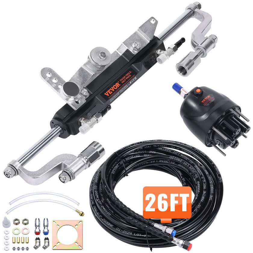 VEVOR Hydraulic Outboard Steering Kit, 300HP, Marine Boat Hydraulic Steering System, with Helm Pump Two-Way Lock Cylinder and 26 Feet Hydraulic Steering Hose, for Single Station Single-Engine Boats
