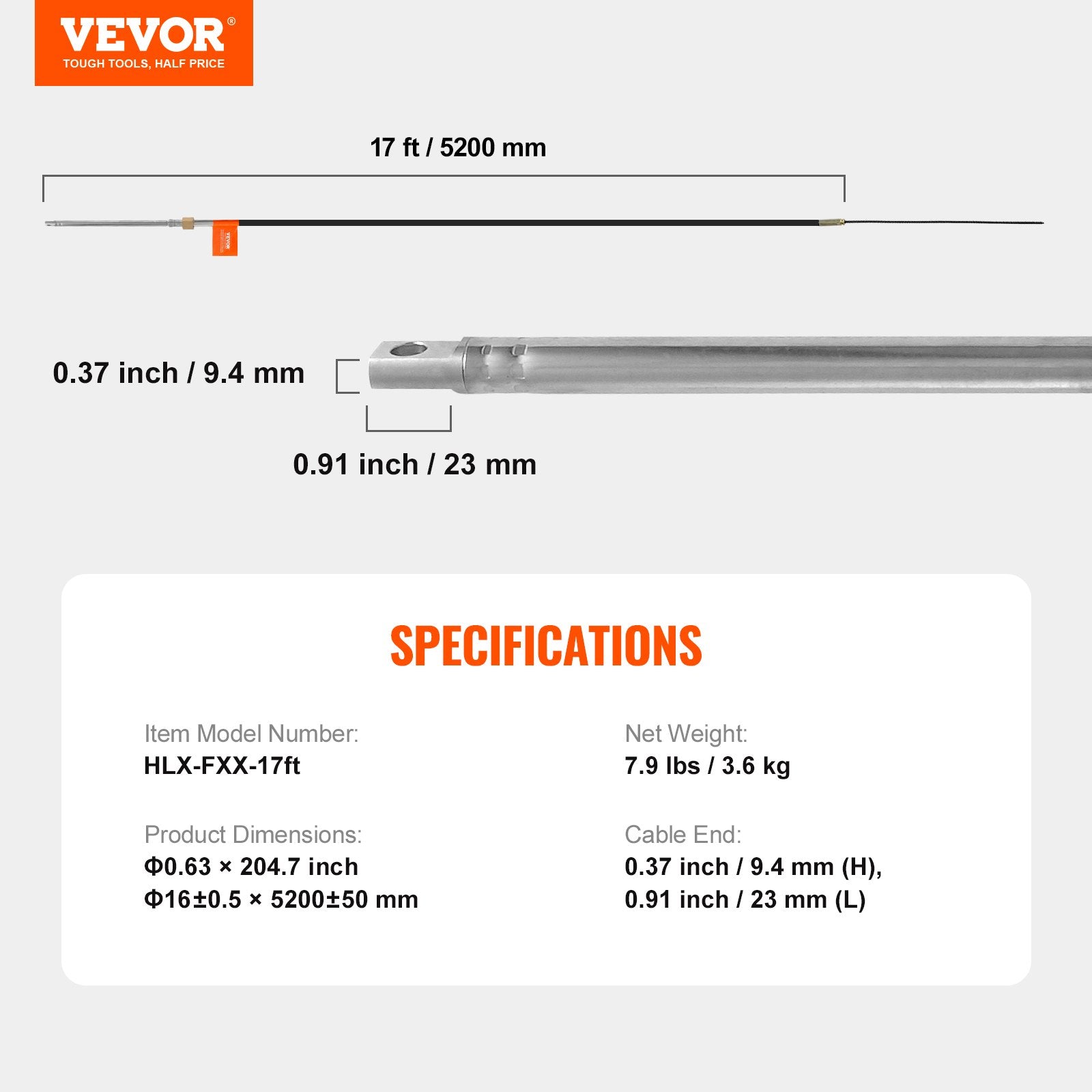VEVOR Boat Steering Cable, 17 Feet Outboard Marine Rotary Steering Cable, 1/2 Ton High Tensile Strength, Replacement Steering Cable Compatible with Most Single-Station Outboard Steering Systems