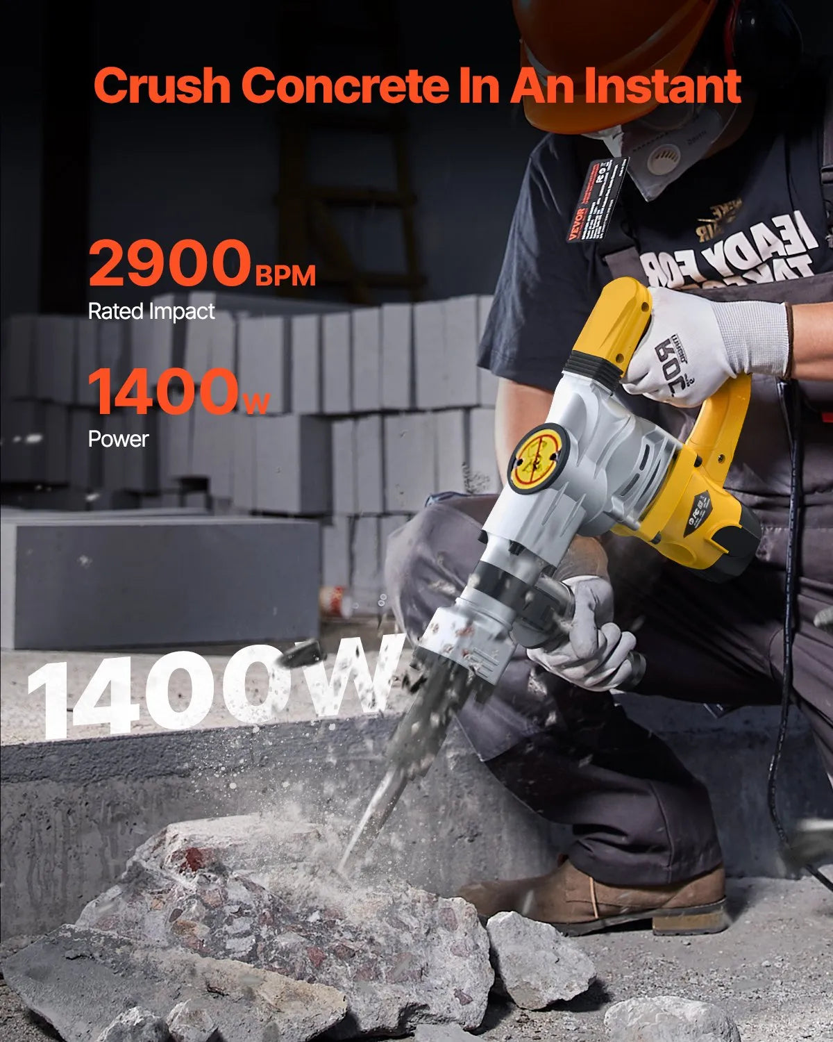 VEVOR Demolition Jack Hammer Concrete Breaker 1400W Electric Hammer 2 Chisel Bit