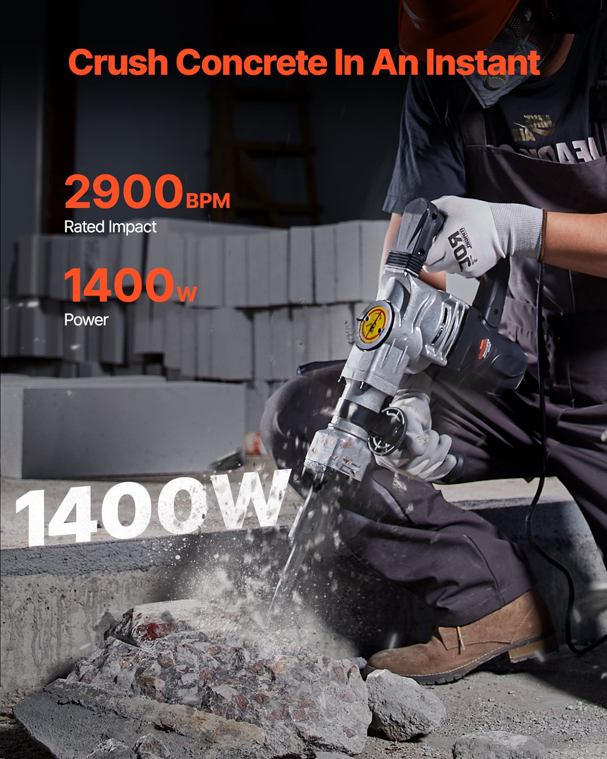 VEVOR Demolition Jack Hammer, 1400W Electric Jackhammer Heavy Duty, 2900 BPM Concrete Breaker, 2pcs Chisels Bits Chipping with Case, Gloves Black