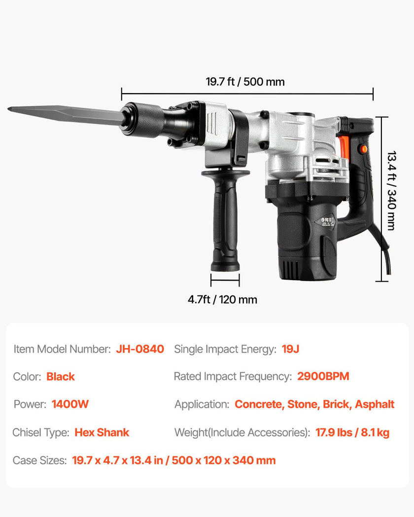 VEVOR Demolition Jack Hammer, 1400W Electric Jackhammer Heavy Duty, 2900 BPM Concrete Breaker, 2pcs Chisels Bits Chipping with Case, Gloves Black