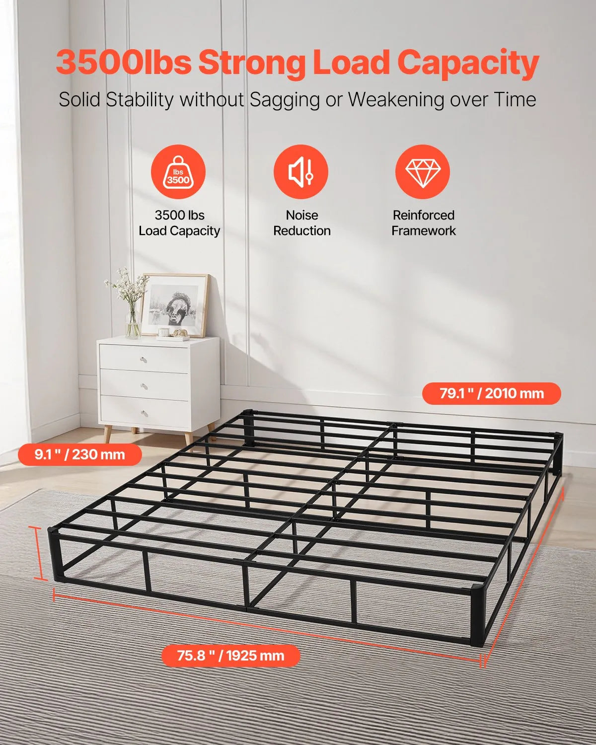 VEVOR Box Spring King Size Bed Frame with Fabric Cloth 79.1L x 75.8W x 9.1H in
