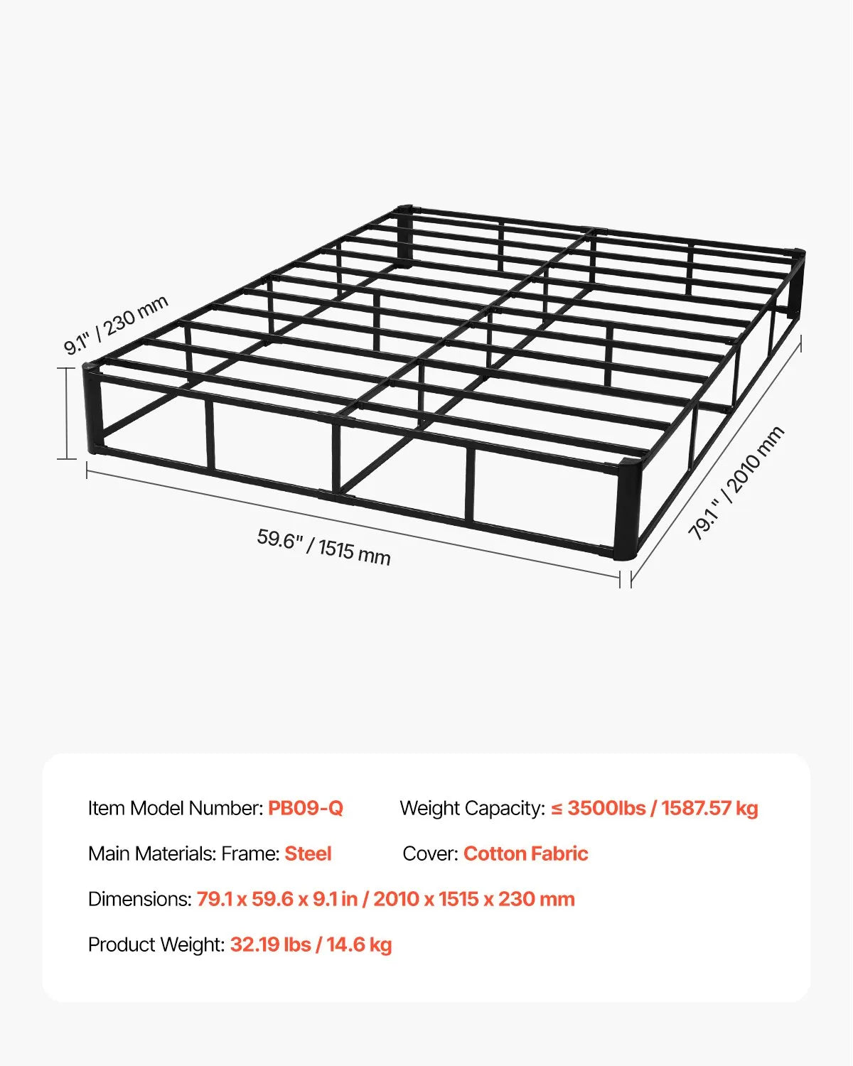 VEVOR Box Spring Queen Size Bed Frame with Fabric Cloth 79.1L x 59.6W x 9.1H in
