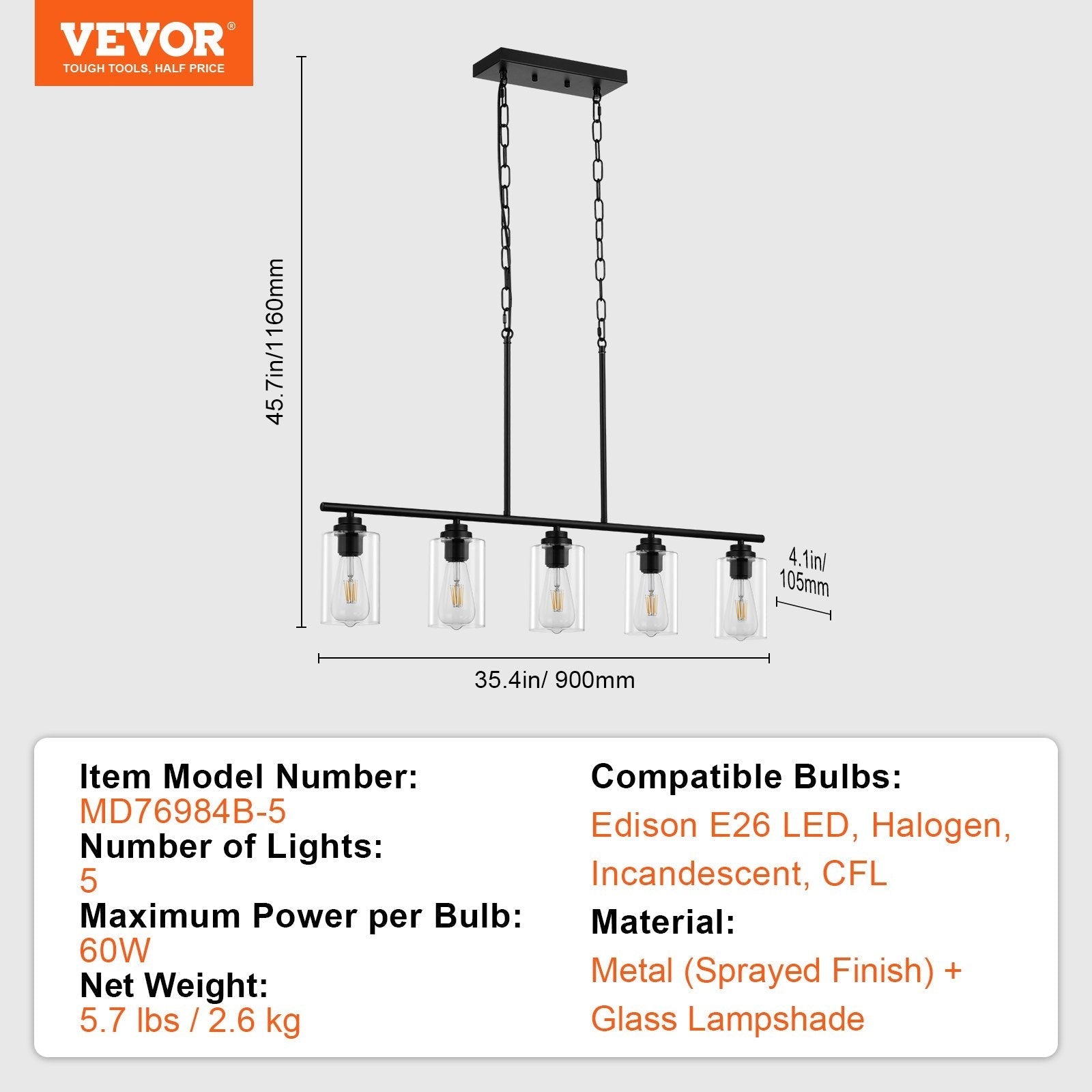 VEVOR 5-Light Kitchen Island Pendant Lights 60W Adjustable Dining Room Light E26