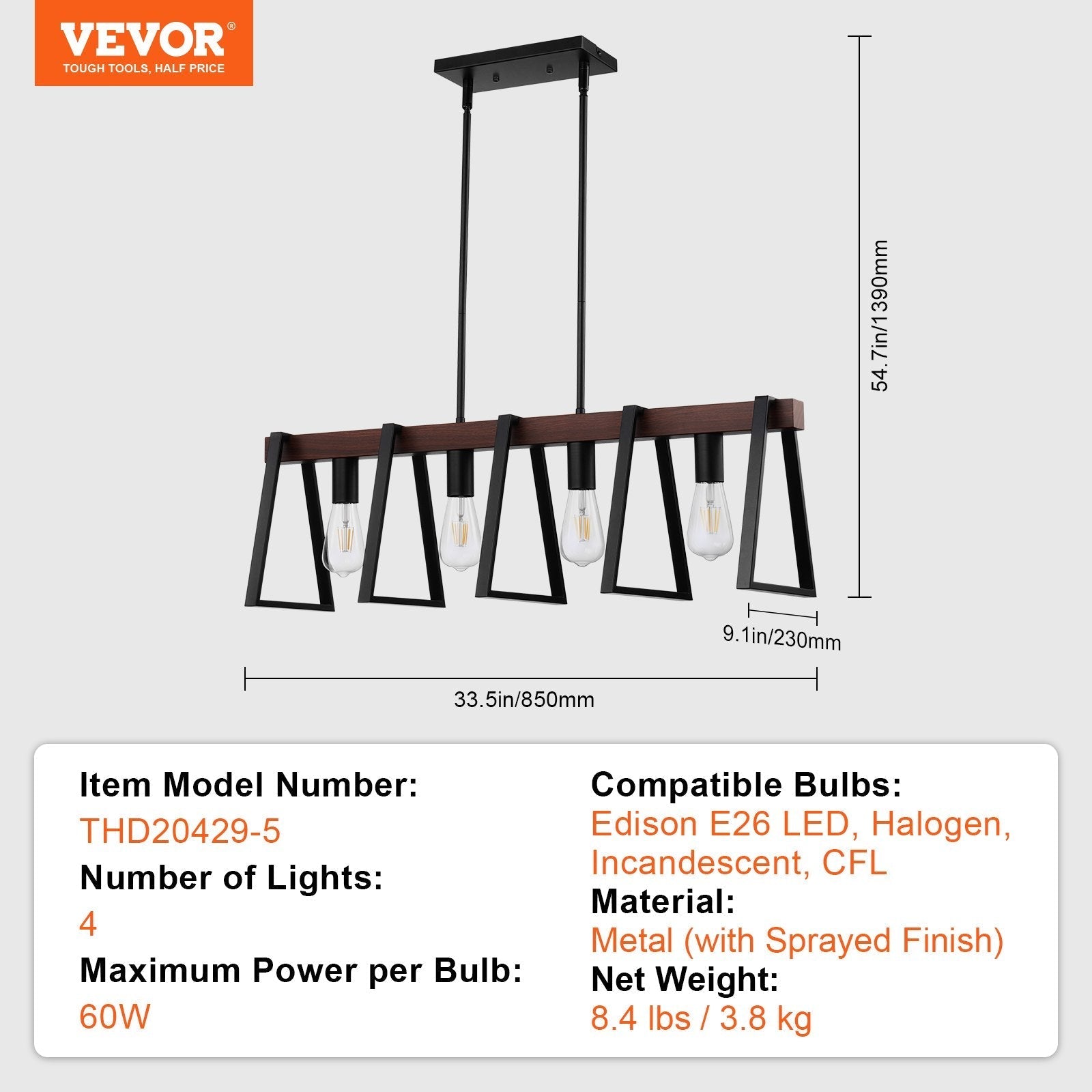VEVOR 4-Light Kitchen Island Pendant Lights 60W Adjustable Dining Room Light E26