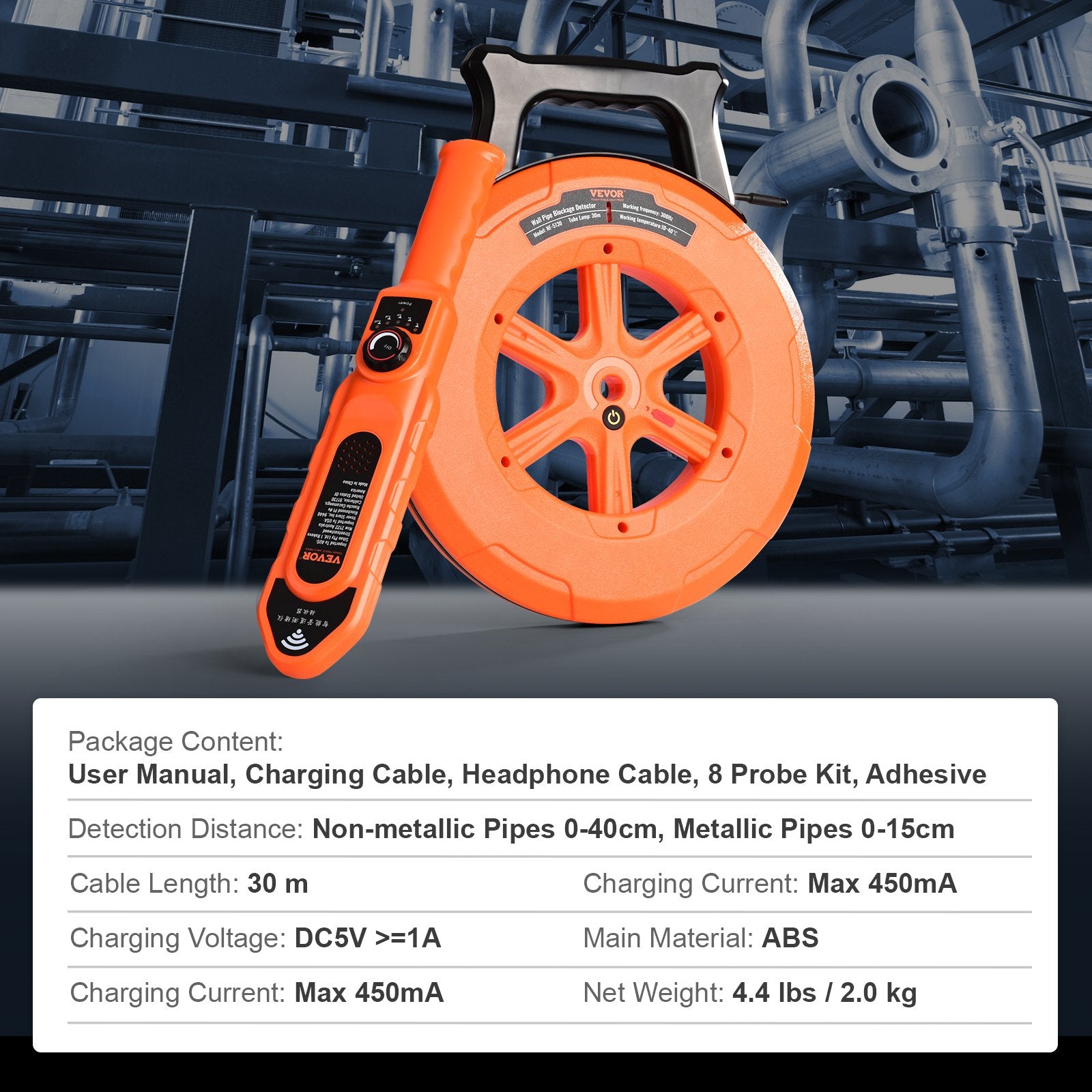 VEVOR Pipe Blockage Detector Locators 100ft/30m Waterproof for PVC Plastic Metal