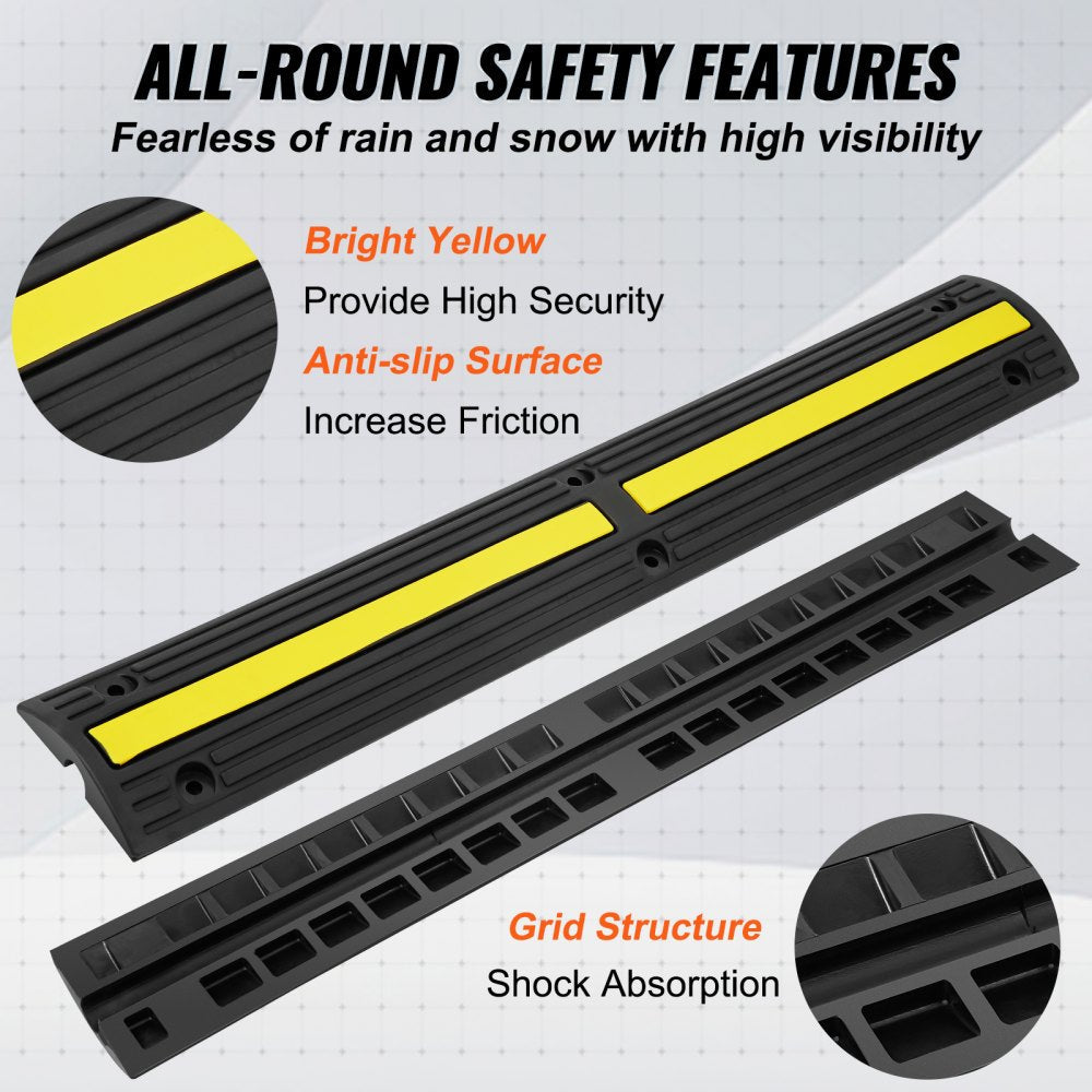 VEVOR 3.28 ft Cable Protector Ramp, 4 Pack of 1 Channel, 18000 lbs/axle Capacity Heavy Duty Rubber Speed Bumps, Floor Cord Cable Protector Wire Cover, for Residential Areas, Private Garages, Gardens