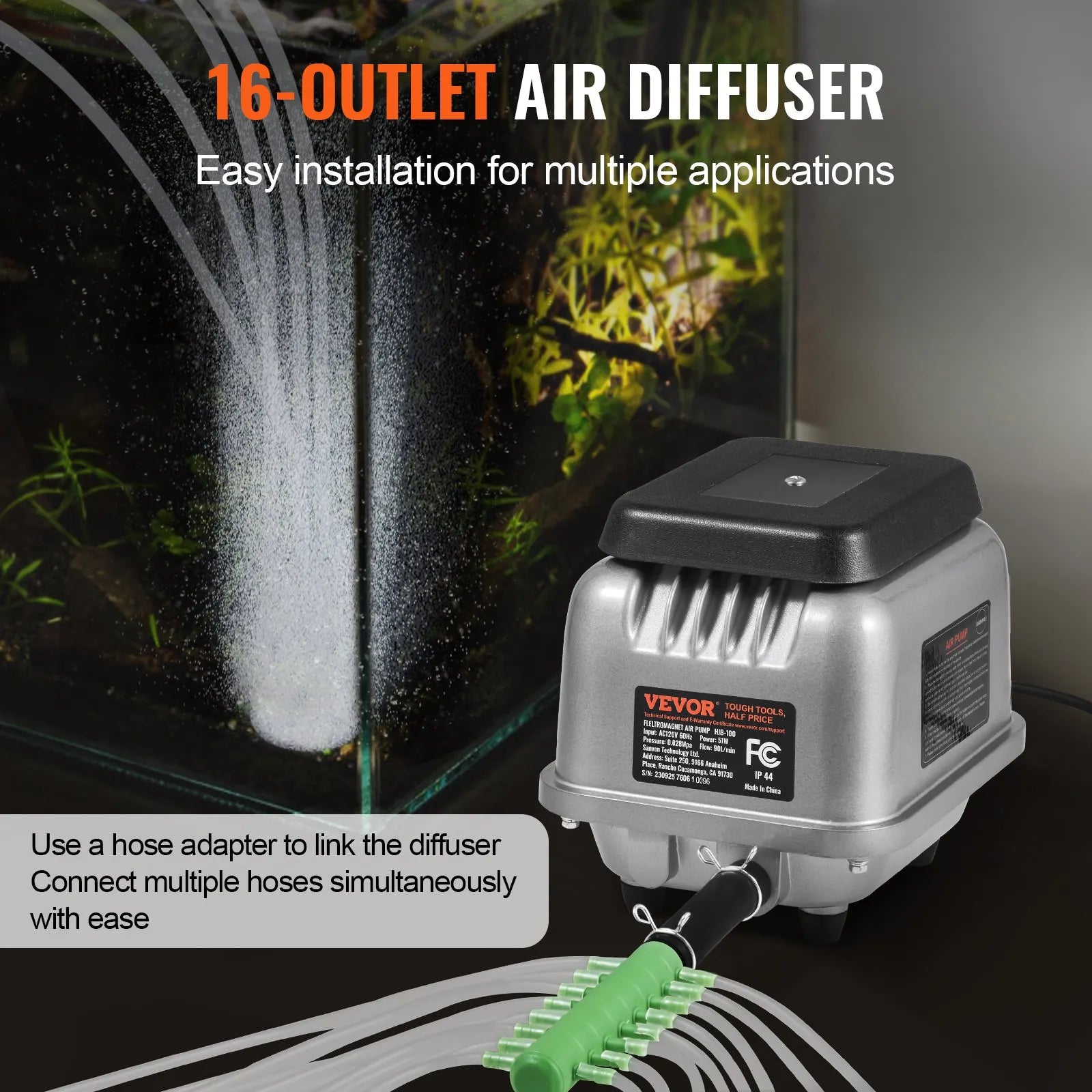 VEVOR Linear Air Pump, 90 L/Min Air Flow Septic Aerator Pump, Aeration System for 1/4 Acre 10 FT Deep Ponds, Water Gardens, Waste Treatments, Septic Tanks, Aquariums, Seafood Restaurants, Fish Farms
