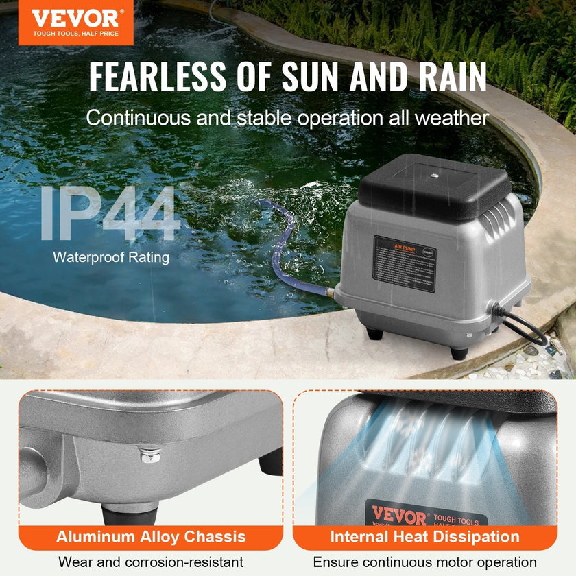 VEVOR Linear Air Pump, 109L/Min Air Flow Septic Aerator Pump, Aeration System for 1/2 Acre 10FT Deep Ponds, Water Gardens, Waste Treatments, Septic Tanks, Aquariums, Seafood Restaurants, Fish Farms