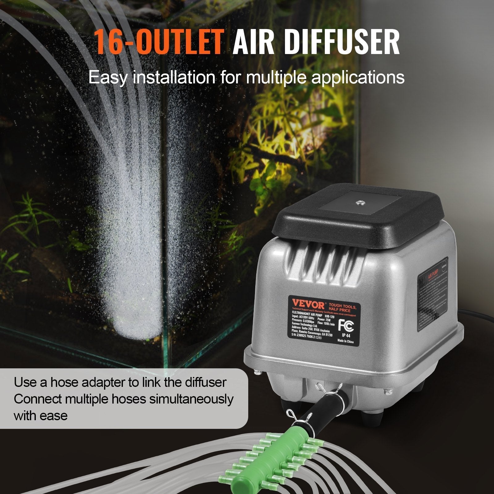VEVOR Linear Air Pump, 109L/Min Air Flow Septic Aerator Pump, Aeration System for 1/2 Acre 10FT Deep Ponds, Water Gardens, Waste Treatments, Septic Tanks, Aquariums, Seafood Restaurants, Fish Farms