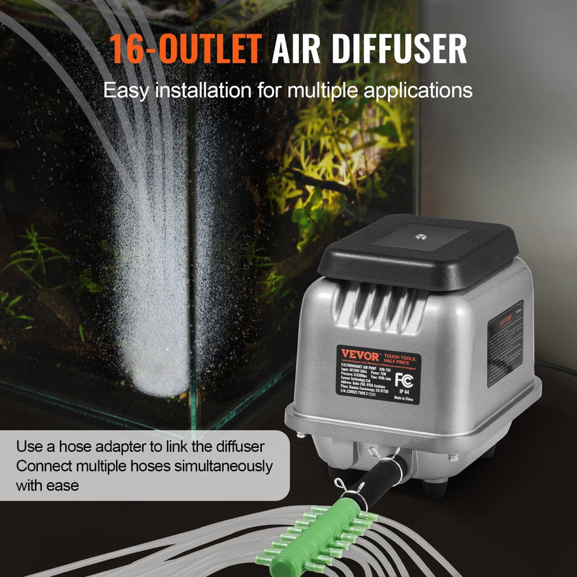 VEVOR Linear Air Pump, 109L/Min Air Flow Septic Aerator Pump, Aeration System for 1/2 Acre 10FT Deep Ponds, Water Gardens, Waste Treatments, Septic Tanks, Aquariums, Seafood Restaurants, Fish Farms