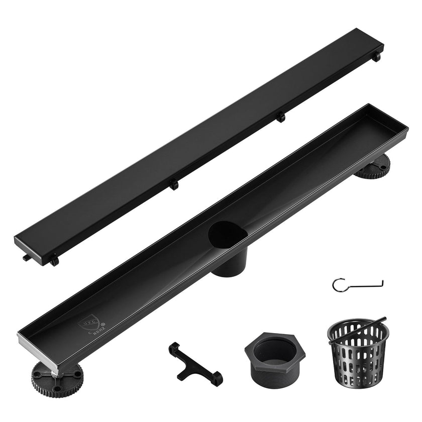 VEVOR 24-Inch Linear Shower Drain Offset with Tile Insert Cover,Brushed 304 Stainless Steel Rectangle Shower Floor Drain, Sleek Linear Drain with Hair Strainer, Black