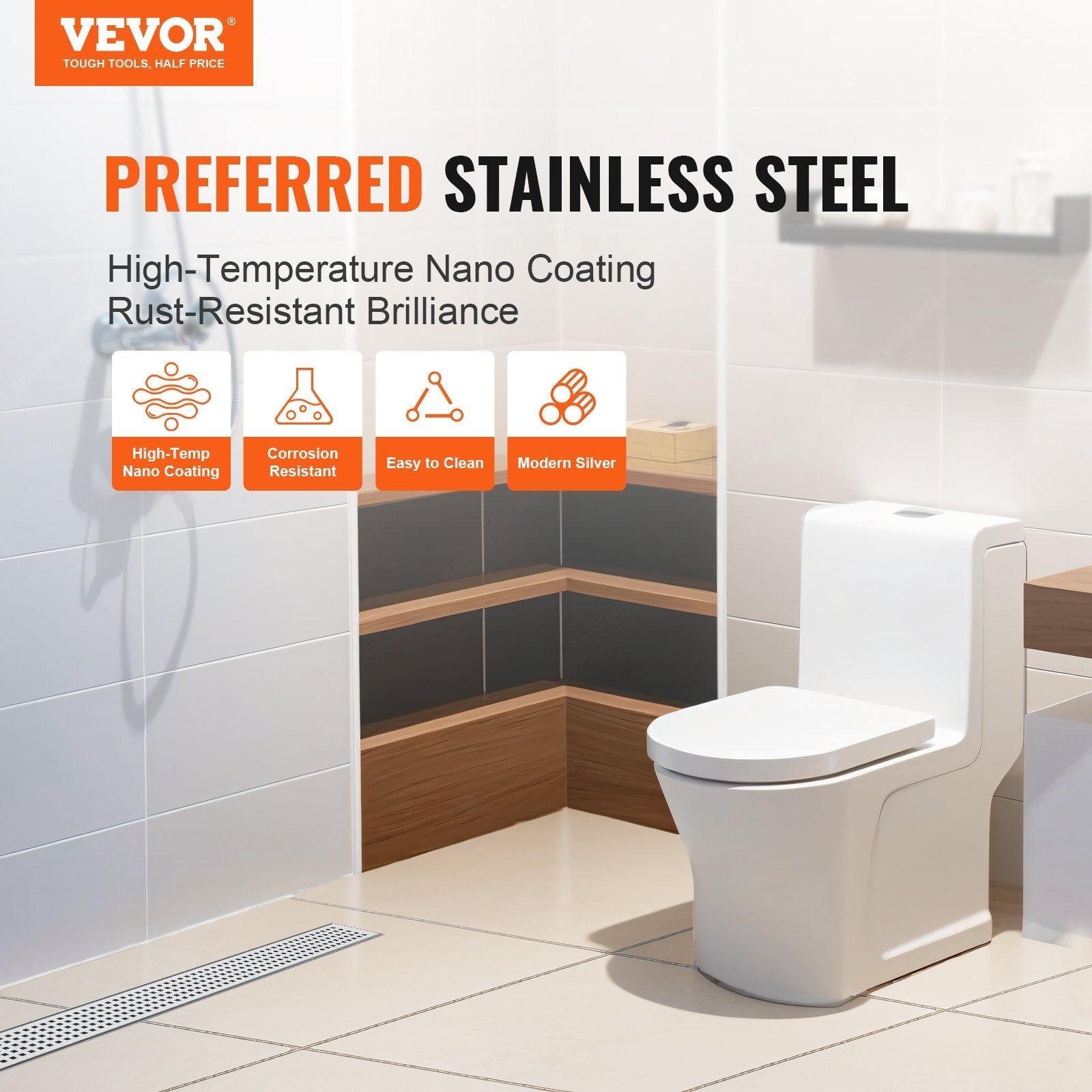 VEVOR 24Inch Linear Shower Drain with Square Pattern Grate,Brushed 304 Stainless Steel Rectangle Shower Floor Drain,Linear Drain with Leveling Feet,Hair Strainer Silver
