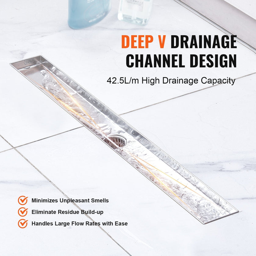 VEVOR 24Inch Linear Shower Drain with Square Pattern Grate,Brushed 304 Stainless Steel Rectangle Shower Floor Drain,Linear Drain with Leveling Feet,Hair Strainer Silver