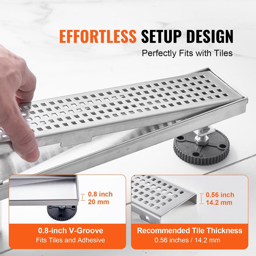 VEVOR 24Inch Linear Shower Drain with Square Pattern Grate,Brushed 304 Stainless Steel Rectangle Shower Floor Drain,Linear Drain with Leveling Feet,Hair Strainer Silver