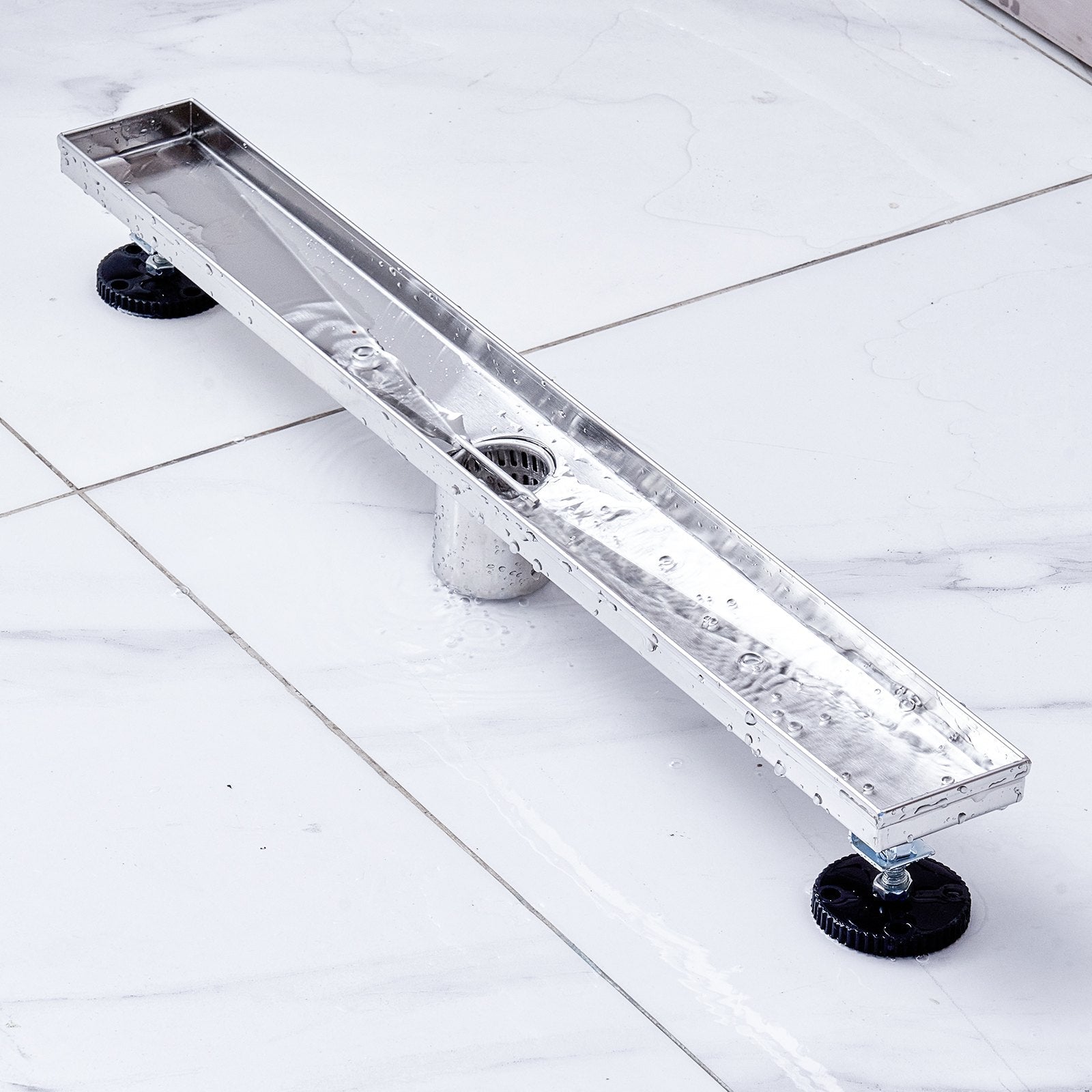VEVOR 24Inch Linear Shower Drain with Square Pattern Grate,Brushed 304 Stainless Steel Rectangle Shower Floor Drain,Linear Drain with Leveling Feet,Hair Strainer Silver