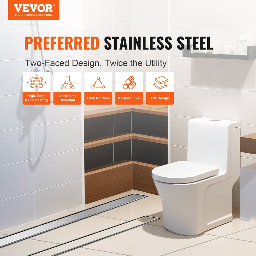 VEVOR 36Inch Linear Shower Drain Offset with Tile Insert Cover,Brushed 304 Stainless Steel Rectangle Shower Floor Drain,Linear Drain with Leveling Feet,Hair Strainer Silver