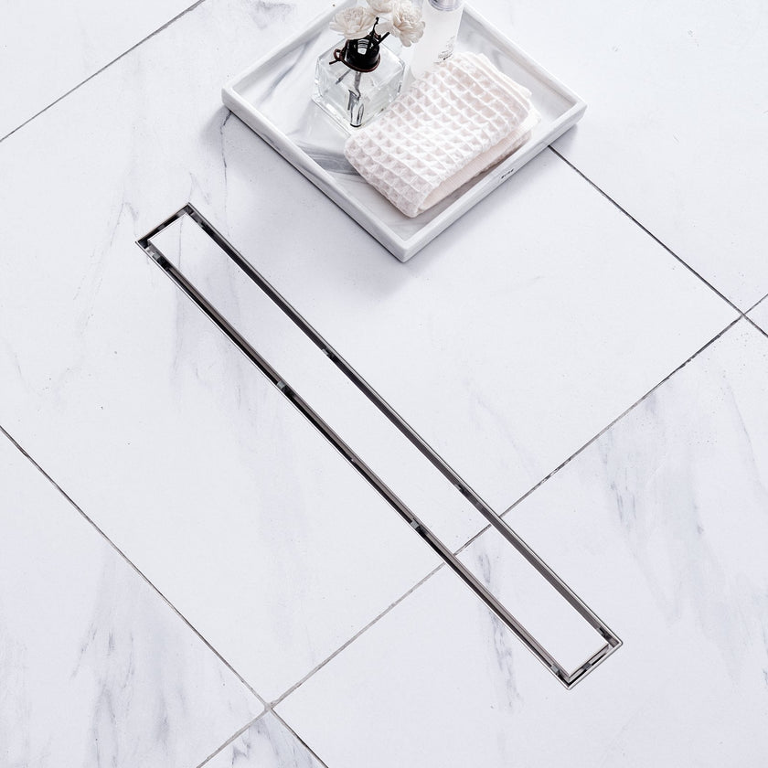 VEVOR 24Inch Linear Shower Drain Offset with Tile Insert Cover,Brushed 304 Stainless Steel Rectangle Shower Floor Drain,Linear Drain with Leveling Feet,Hair Strainer Silver