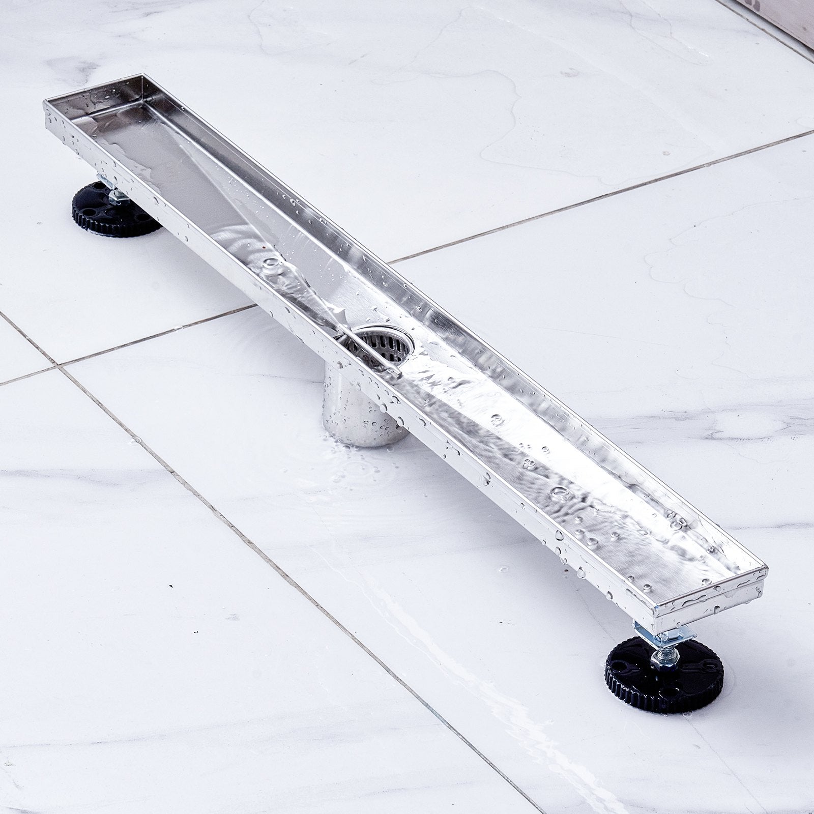 VEVOR 24Inch Linear Shower Drain Offset with Tile Insert Cover,Brushed 304 Stainless Steel Rectangle Shower Floor Drain,Linear Drain with Leveling Feet,Hair Strainer Silver