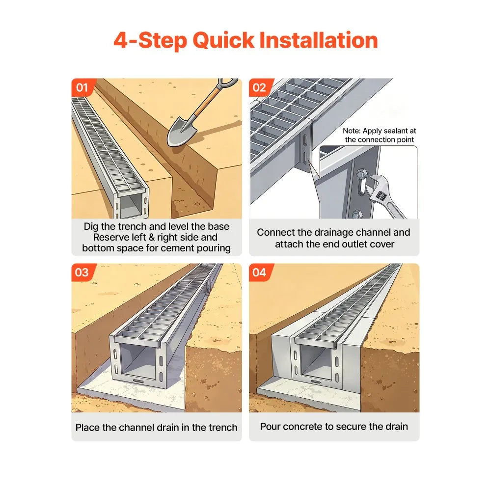 Heavy-Duty Stainless Steel Trench Drain for Efficient Outdoor Water Management