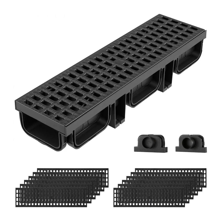 Trench Drain 12-Pack Linear Drainage Channel System with Grates & End Caps | HDPE Outdoor Drain for Driveways, Patios, Pools & Gardens