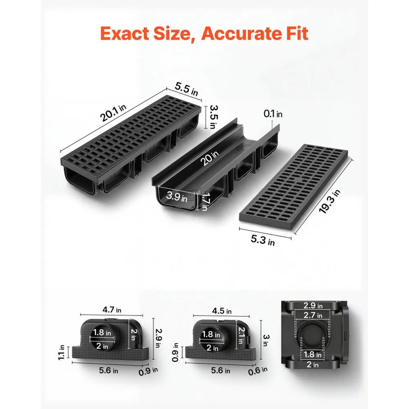 Trench Drain 6-Pack Linear Drainage Channel System with Grates & End Caps | HDPE Outdoor Drain for Driveways, Patios & Gardens