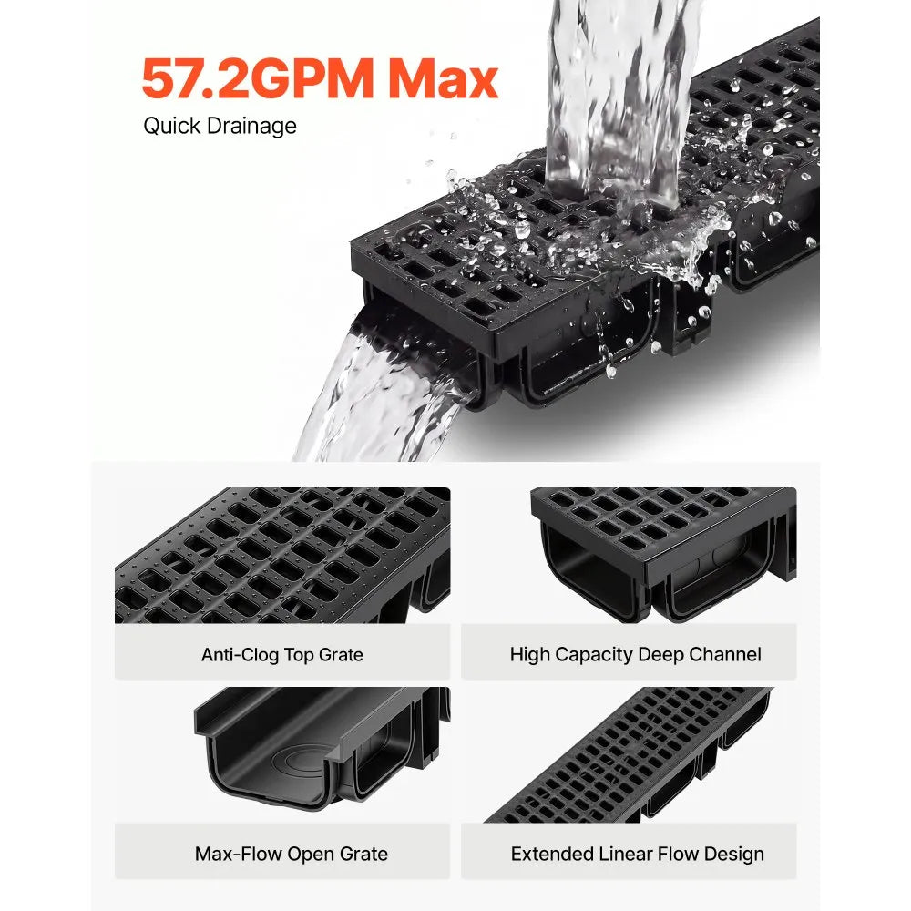 Trench Drain 6-Pack Linear Drainage Channel System with Grates & End Caps | HDPE Outdoor Drain for Driveways, Patios & Gardens