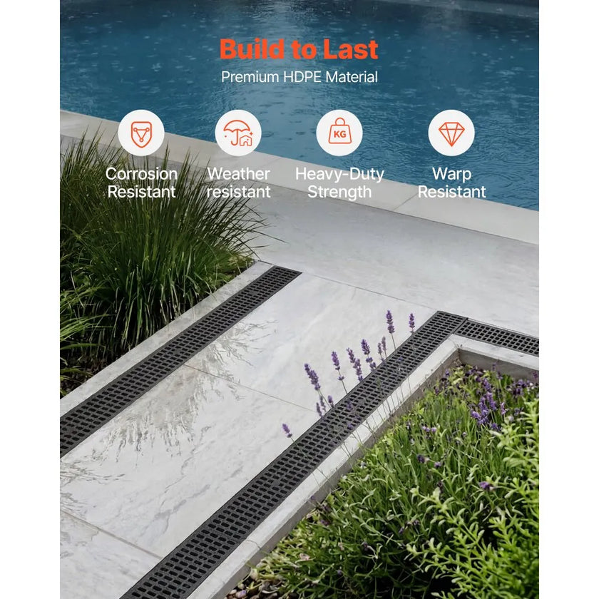 Trench Drain 6-Pack Linear Drainage Channel System with Grates & End Caps | HDPE Outdoor Drain for Driveways, Patios & Gardens